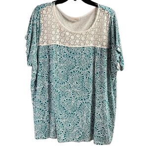 DEPT 222 Womens Plus Size 2X Blouse Teal  White White Floral Eyelet Lace